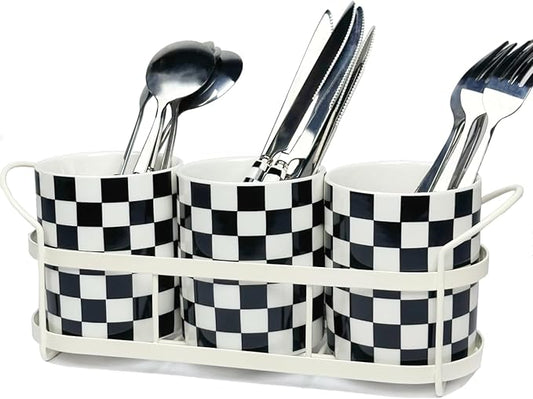Silverware Caddy Countertop, Utensil Caddy For Party, Cutlery Flatware Organizer Storage, Spoon Fork Holder Basket for Parties Kitchen Coffee Bar Picnic Buffe-Ceramics Black and White Checkered