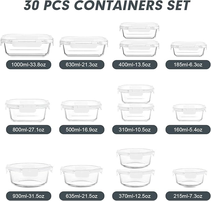 VERONES 30 Pieces Glass Meal Prep Containers Set, Stackable Glass Food Storage Containers with Lids-Airtight Glass Lunch Containers，for Microwave, Oven, Freezer & Dishwasher,White