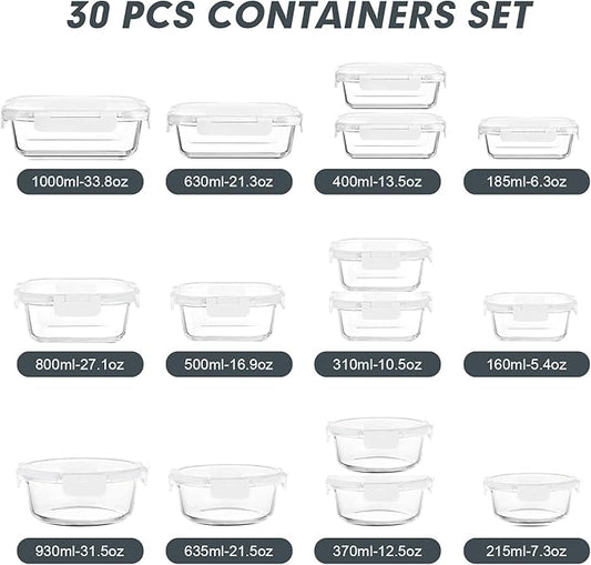 VERONES 30 Pieces Glass Meal Prep Containers Set, Stackable Glass Food Storage Containers with Lids-Airtight Glass Lunch Containers，for Microwave, Oven, Freezer & Dishwasher,White