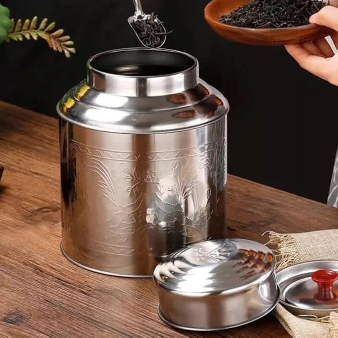 Stainless Steel Tea Canister with Lid Multi-Function Storage Container for Tea Coffee Sugar and Small Items, 6.49x5.11x3.54in Silver for Home Use