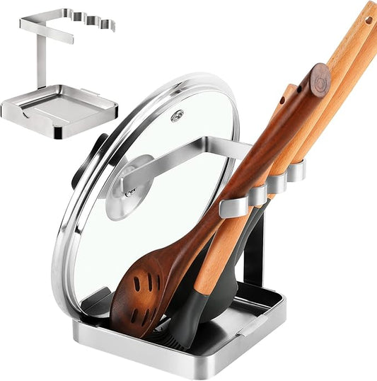 SOLEADER Vertical Spoon Rest and Lid Stand for Stove Top kitchen Utensils Pot Lid Holder and Organizer for Kitchen Counter Foodgrade Stainless Steel with Drip Tray and Handle