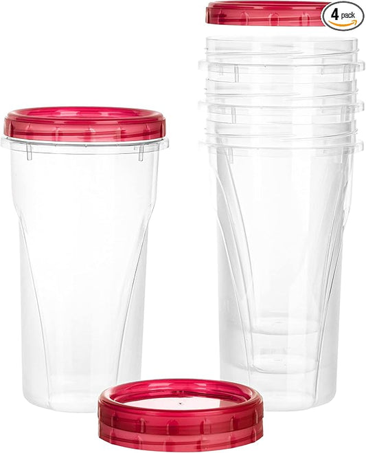 PLASTICPRO 48 Ounce Twist Top Deli Containers Clear bottom With Red Top Twist on Lids Reusable, Stackable, Food Storage Freezer Container Pack of 4