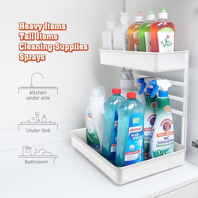 EVERIE Height Adjustable 2 Tier Metal Pull Out Slide Shelf Organizer for Under Sink Cabinets in Kitchen, Bathroom, with Snap-on Top Tray, 16" Deep (White, 2 Sets)