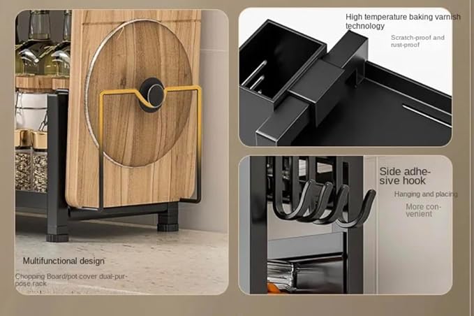 Multi-Functional Stainless Steel Spice and Knife Storage Organizer, Cutting Board, Utensil Organizer, Hooks, 2 Levels of Spice Shelves for pantry, Counter Shelf, Cubinet, Dining,Bathroom