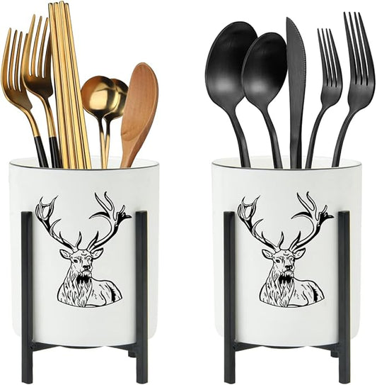 Ceramic Utensil Holder for Countertop, Farmhouse Kitchen Decor for Flatware, SAMAZAMA Utensil Caddy 2 Pcs Set, Rustic Utensil Organizer for Kitchen, Black Deer Pattern
