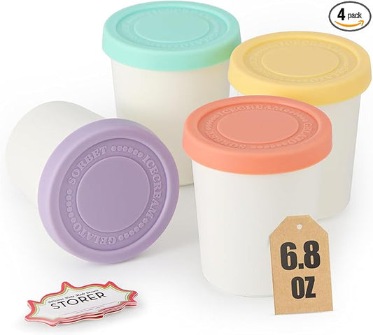 Set of 4 Ice Cream Containers for Homemade Ice Cream（6.8oz. Each），Reusable Plastic Storage Containers Cups with Lids for Freezer，Stackable Storage Container for Gelato，Yogurt, Sorbet