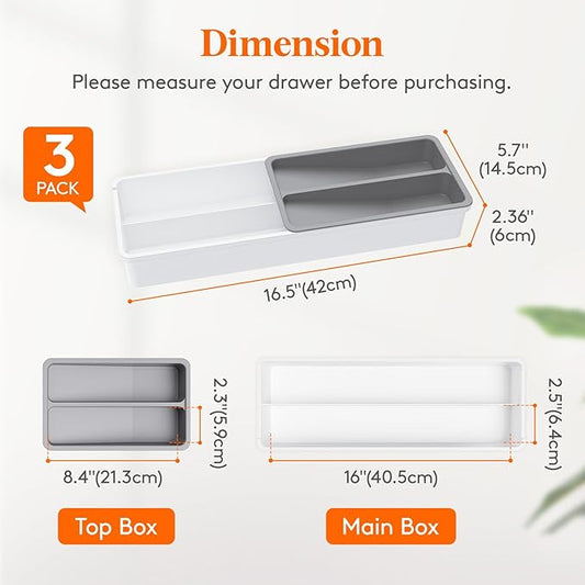 Lifewit Compact Silverware Organizer for Kitchen Drawer, Narrow Flatware Tray Holder, Plastic Cutlery Spoons, Forks and Knives Storage, White&Gray, 3 Pack