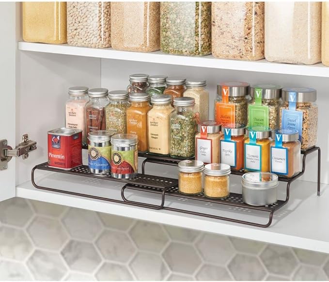 mDesign Adjustable, Expandable Metal Wire Kitchen Spice Rack - Storage Organizer Holder for Cabinet, Cupboard, Pantry, or Countertop - 3 Levels - Up to 25" Wide - Concerto Collection - Bronze