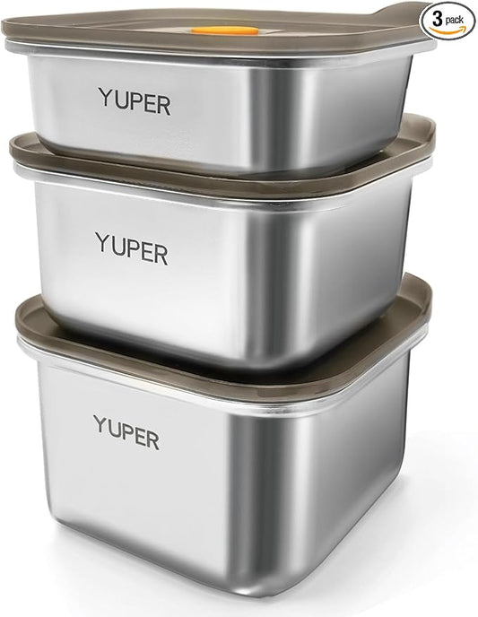 YUPER Stainless Steel Food Containers, Meal Prep Container, Bacon Cheese Container for Refrigerator, Stainless Steel Containers with Lids Fruit Lunch Storage, 3 Pack (17+27+33OZ)