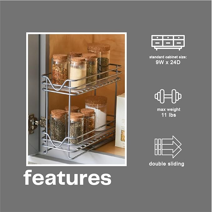 Household Essentials Glidez Powder-Coated Steel Pull-Out/Slide-Out Storage Organizer with Plastic Liners for Spice Rack Use - 2 -Tier Design - Fits Standard Size Cabinet or Shelf, Brushed Silver