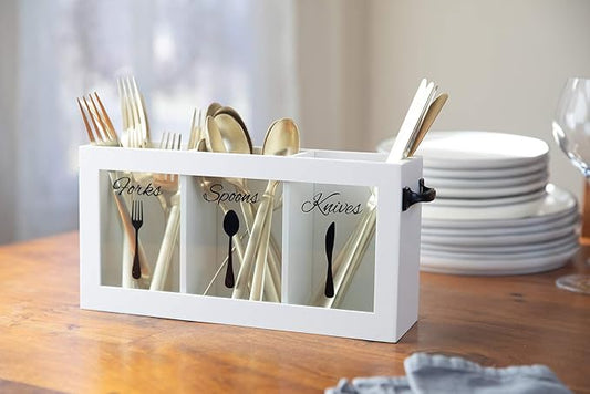 BLU MONACO White Wooden Cutlery & Utensil Caddy – Flatware Organizer Bin for Forks, Spoons, Knives – Perfect for Kitchen Countertop