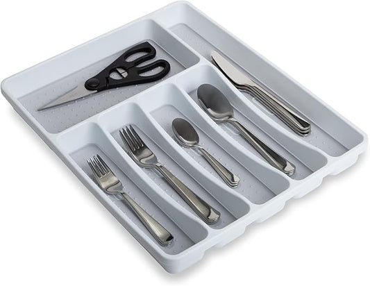 Smart Design 6 Compartment Plastic Drawer Organizer - Non-Slip Lining and Feet - BPA Free - Utensils, Flatware, Office, Personal Care, or Makeup Storage - Kitchen - White with Gray
