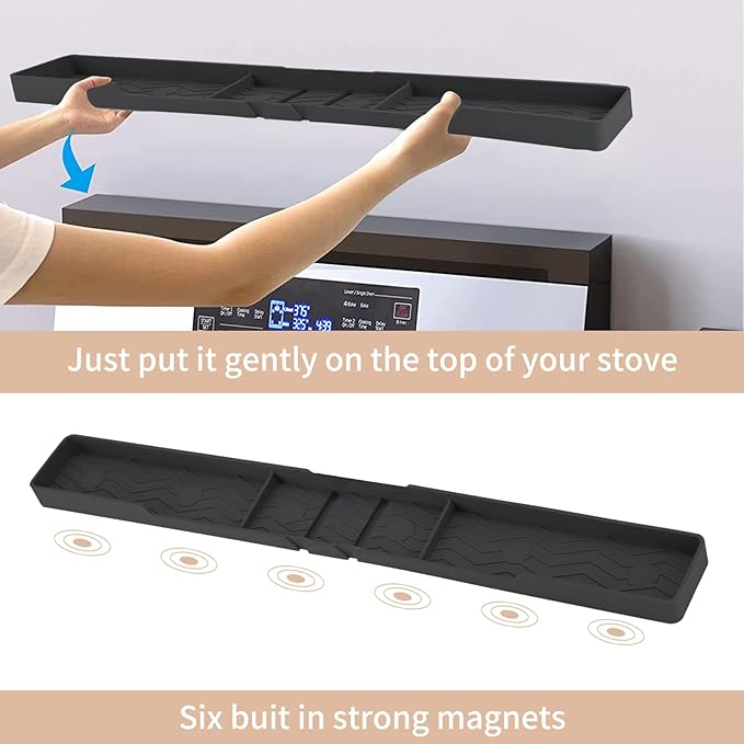 Silicone Stove Top Shelf 30" Magnetic Spice Rack Organizer Over The Stove Top for Kitchen for Curved Stove Oven Top Spice Rack Heat Insulation Non-slip (Black)