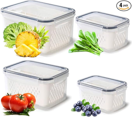Pack of 4 Fruit Fresh Produce Protector, Grape Container for Fridge, Fruit Saver Lettuce Container with Drain Colanders, Partitioned Salad Container, Refrigerator Organizer for Lettuce Berry Food (4)