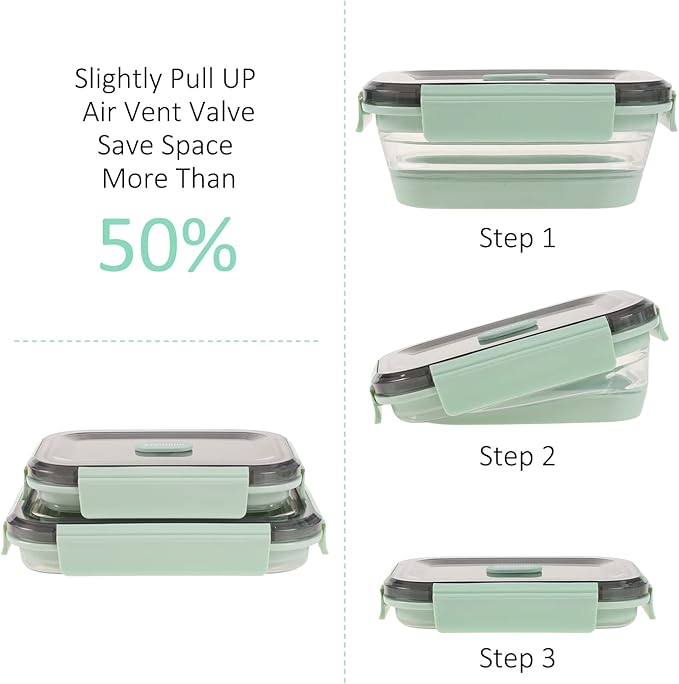 Collapsible Food Storage Containers with Lid & Air Vent, Clear Stacking Silicone Collapsible Food Container Set, Microwave Freezer Dishwasher Safe Space-Saver, Set of 4, Mint Green