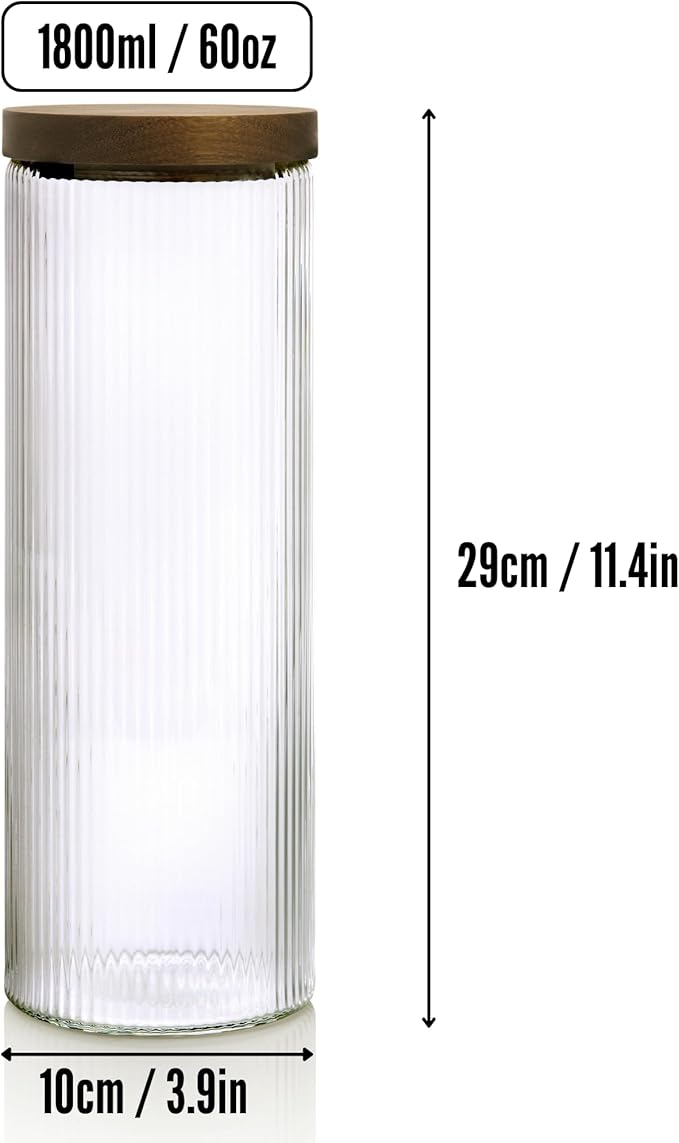 Mason & Fable Ribbed Glass Canisters or Spaghetti Jars with Airtight Wood Lid- Tall Storage Containers for Pasta, Cereal or Flour -Ideal for Kitchen/Pantry Organization - 60 fl.oz, Set of 2