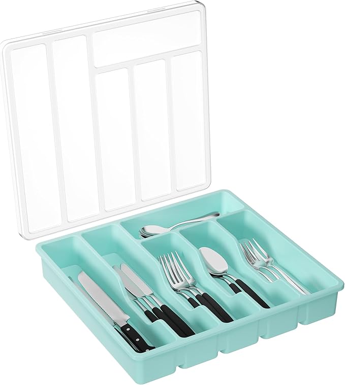 Lifewit Silverware Organizer with Lid, Covered Utensil Tray for Kitchen Drawer and Countertop, Plastic Cutlery and Flatware Storage Box for Spoons Forks Knives Holder Case, 6 Compartments, Turquoise