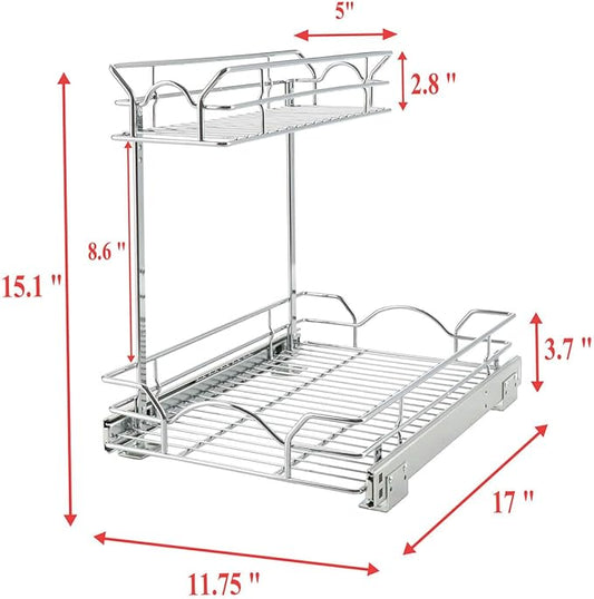 OCG Under Sink Cabinet Organizer Two Tier Pull Out Shelf (11.75W x 17D), Under Sink Sliding Shelf for Kitchen Bathroom Cabinet 2 Tier Chrome
