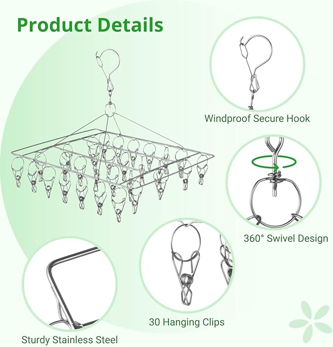 Homaisson 4 PCS Herb Drying Rack, Stainless Steel Hanging Herb Drying Rack with 30 Clips, Windproof Herb Dryer Flower Drying Rack, Space-Saving Drying Rack for Aromatic Herbs Spices Tea Leaves