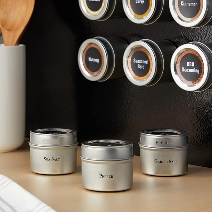 Talented Kitchen Magnetic Spice Jars for Refrigerator – 3oz Metal Magnetic Spice Tins w/Sift & Pour Lids (24 Jars, 269 Preprinted Labels, 2 Blank Label Designs)
