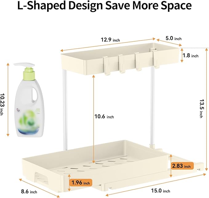 Delamu 2 Pack Under Sink Organizers and Storage, L-Shape Beige Under Bathroom Kitchen Sink Organizer with Drawer for Under Sink Storage Organizer