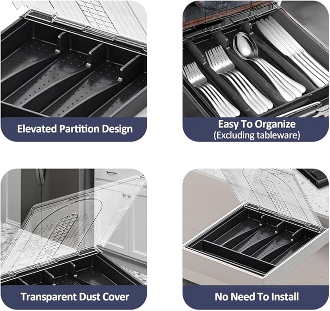 Kitchen Utensil Organizer Holder for Countertop with Removable Lid, Plastic 13 Inch Silverware Tray for Drawer,5 Compartments/Slots Total Flatware Organizer,Portable Cutlery Knives,Forks,Spoons Black