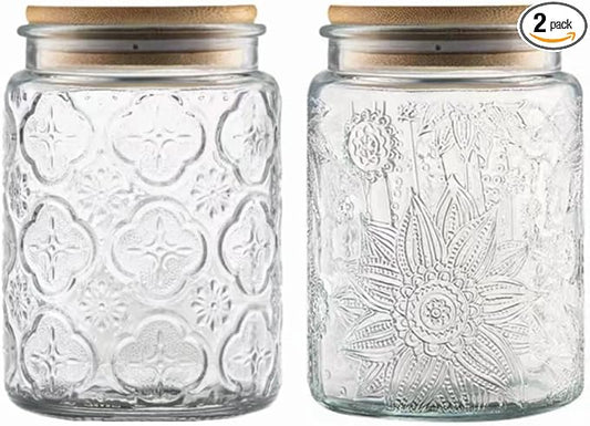 ANSQU Vintage Glass Jars Set Canister Airtight Storage Jar Container with Bamboo Wooden Lids for Kitchen Counter, Pantry, Coffee, Tea, Sugar, Cute Jar, 2 Pack 23.7 FL OZ (Begonia & Sunflower)
