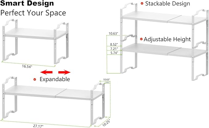 Expandable Shelf for Cabinet Organizer Adjustable Stackable Spice Rack at Kitchen and Bathroom More, Counter Countertop Cupboard Organization Pantry Storage(LARGE/3PACKS/WHITE)