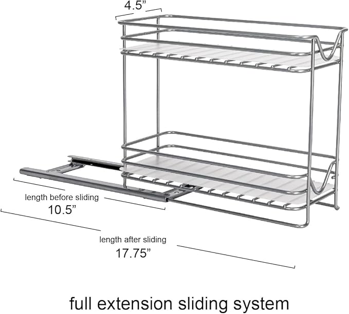Household Essentials Glidez Powder-Coated Steel Pull-Out/Slide-Out Storage Organizer with Plastic Liners for Spice Rack Use - 2 -Tier Design - Fits Standard Size Cabinet or Shelf, Brushed Silver