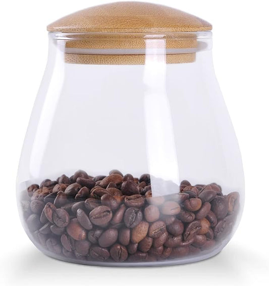 WHJY 26oz Clear Glass Storage Canister Holder with Airtight Bamboo Lid, Small Cute Modern Round Decorative Container Jar for Coffee, Spice, Candy, Salt, Cookie, Condiment, Pepper, Sugar