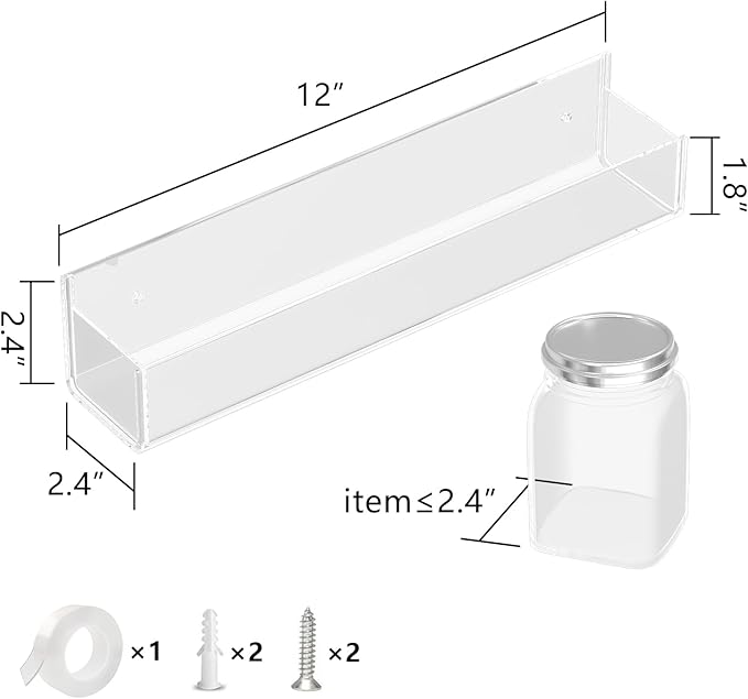 WUIVIUT Invisible Acrylic Wall Spice Rack Adhesive wall mounted rack organizer 11.8 inch spice shelf holder Drilling or self-adhesive organizer rack （Clear-4 Pack）