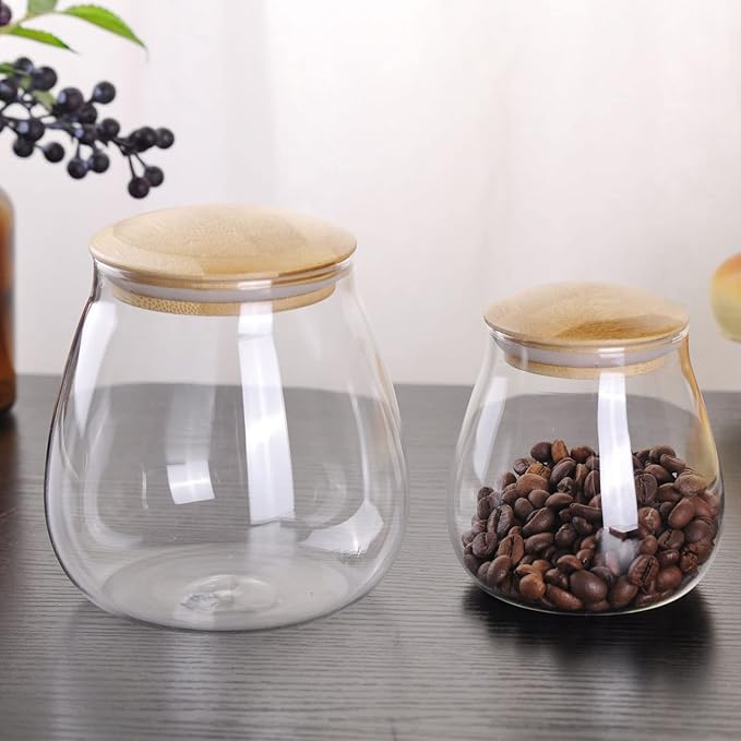 WHJY 13oz Clear Glass Storage Canister Holder with Airtight Bamboo Lid, Small Cute Modern Round Decorative Container Jar for Coffee, Spice, Candy, Salt, Cookie, Condiment, Pepper, Sugar