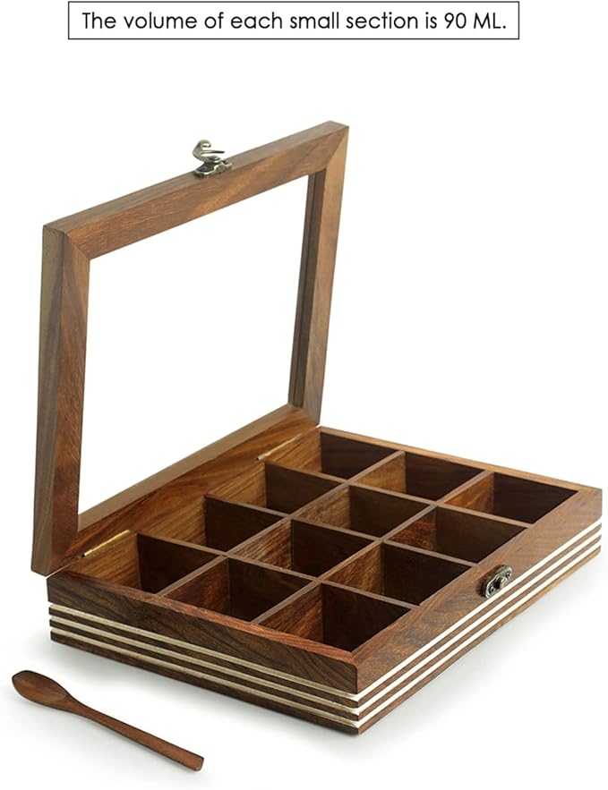ExclusiveLane Wooden Indian Spice Box With Spoon (12 Compartments, 90 ML Each) - Masala Dabba Wooden Masala Box Namak Daani Sheesham Wood Spices Organizer Container Spice Boxes For Kitchen