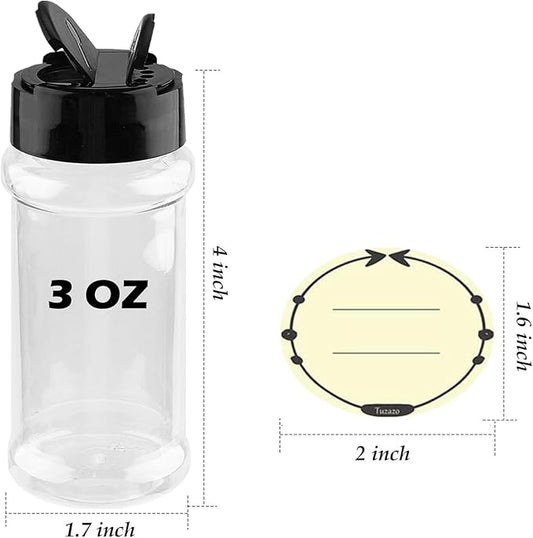 TUZAZO 3 oz Plastic Spice Jars with Shaker Lids and Labels, 14 Pcs Clear Empty Spice Bottles Seasoning Containers for Spice, Herbs and Seasoning Powders