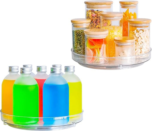 Roninkier Clear Lazy-Susan Turntable Cabinet-Organizer – 2-Pack 9-Inch Spice Rack Storage for Fridge Refrigerator Pantry