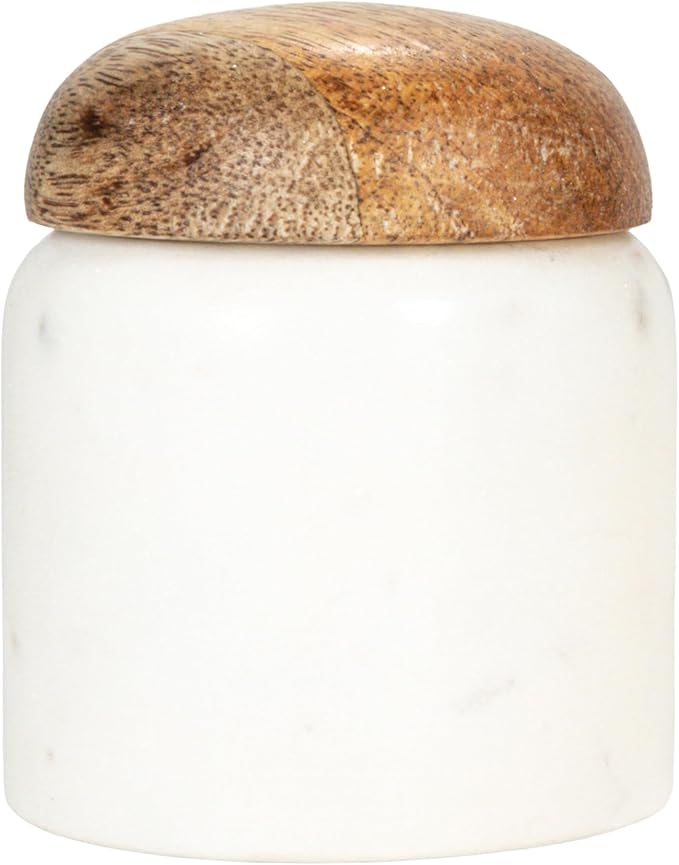 Creative Co-Op Marble and Mango Wood Pinch Pot with Lid, White and Natural