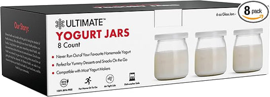 Ultimate Yogurt Jars - Make More Delicious Yoghurt! 8 Count Small Glass Yogurt Cups With Lids - 100% BPA Free, Airtight & Dishwasher Safe! Perfect Containers for Yoghurt, Oatmeal, Pudding, or Jello