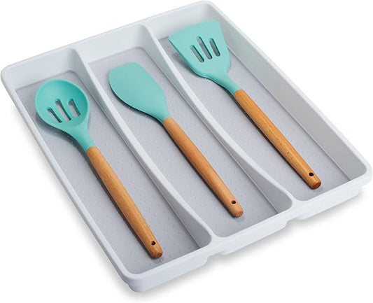 Smart Design 3-Compartment Plastic Drawer Organizer - Non-Slip Lining and Feet - BPA Free - Utensils, Flatware, Office, Personal Care, or Makeup Storage - Kitchen - White with Gray