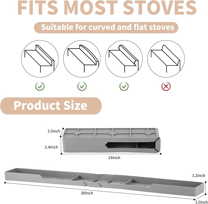 Silicone Stove Top Shelf 30" Magnetic Spice Rack Organizer Over the Stove Top for Kitchen for Curved Stove Oven Top Spice Rack Heat Insulation Non-slip (Gray)