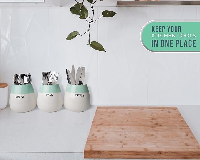 Ceramic "Honeypot" Cutlery Holder - Set of 3 - Farmhouse Silverware Caddy for Kitchen Countretop - Decorative Spoon, Fork & Knife Holder for Parties & More - Rustic Caddy Made of Premium Ceramic
