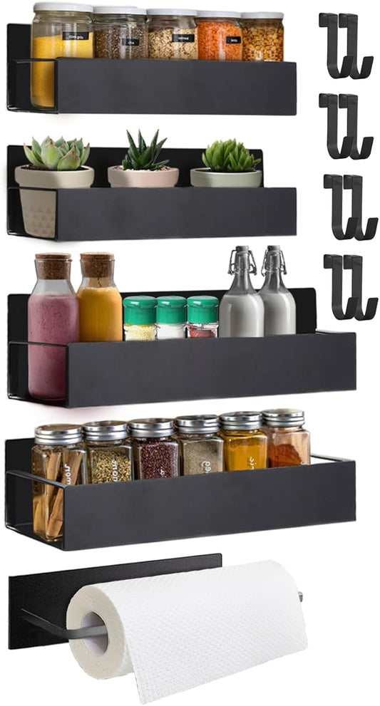 5 Pack Magnetic Spice Rack for Refrigerator and Magnetic Paper Towel Holder, Magnetic Shelf for Fridge, Moveable Metal Magnet Fridge Spice Organizer Rack with 8 Hook for Microwave, Oven