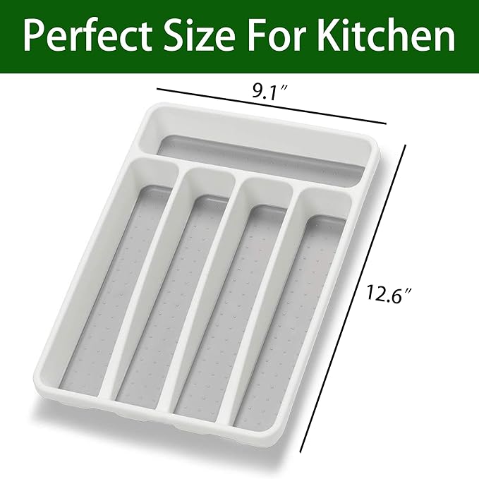 Silverware Organizer 2 Pieces Utenisl Organizer Holder Kitchen Drawer Organizer Plastic Silverware Tray for Drawer Flatware Organizer 5 Compartment White