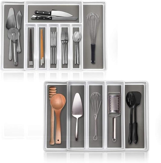 ELTOW Expandable Silverware Drawer Organizer & Utensil Tray Set, Non-Slip Kitchen Drawer Organizers and Storage, Kitchen Organization for Utensils, Cutlery, Office Supplies, Flatware Storage - White