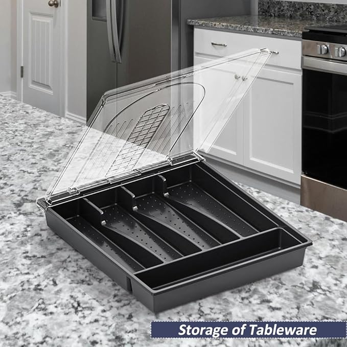 Kitchen Utensil Organizer Holder for Countertop with Removable Lid, Plastic 13 Inch Silverware Tray for Drawer,5 Compartments/Slots Total Flatware Organizer,Portable Cutlery Knives,Forks,Spoons Black