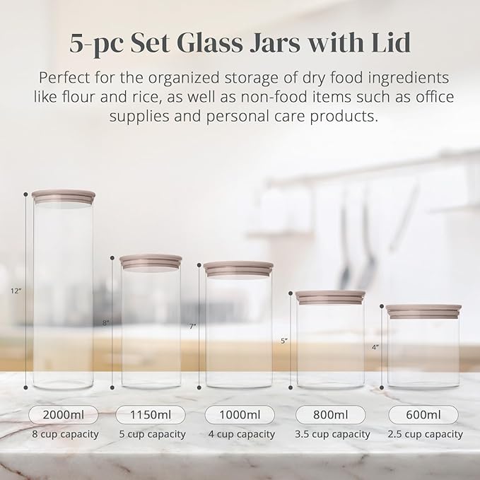 5-Piece Glass Storage Containers With Lids | Food Grade Safe Airtight Snack Containers, Pantry Organizers and Kitchen Storage with Colorful Bamboo Lids for Pasta, Oats, Coffee & Sugar