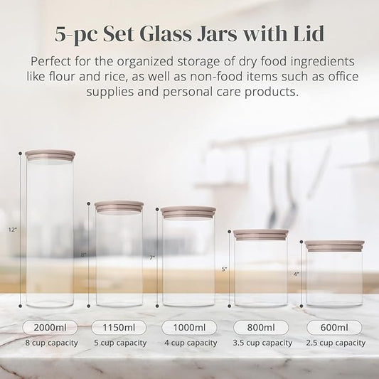 5-Piece Glass Storage Containers With Lids | Food Grade Safe Airtight Snack Containers, Pantry Organizers and Kitchen Storage with Colorful Bamboo Lids for Pasta, Oats, Coffee & Sugar