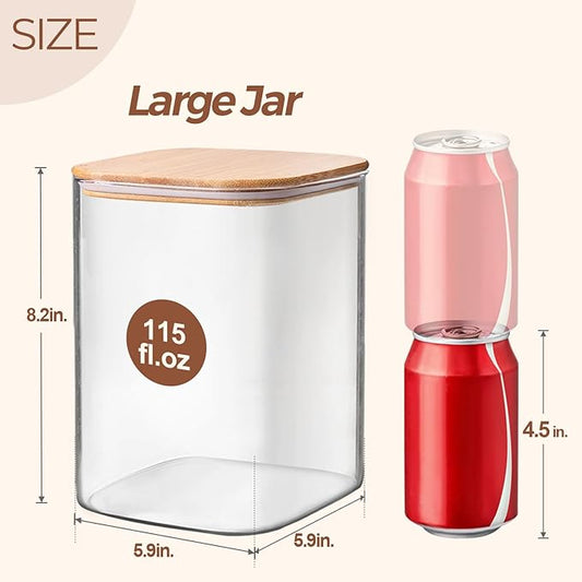 ComSaf 115 oz Glass Food Storage Containers, Cereal Storage Containers with Airtight Lids, Large Square Glass Jars with Bamboo Lids, for Rice, Pasta, Oats, Grains, Coffee Beans