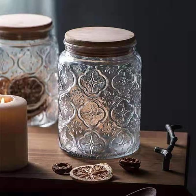 ANSQU Vintage Glass Jar, Decorative Glass Jar with Bamboo Lid, Candy Jar Cookie Jar for Kitchen Counter, Pantry, 23.7 FL OZ Glass Storage Jar Holds Coffee, Tea, Sugar, Balth Salts