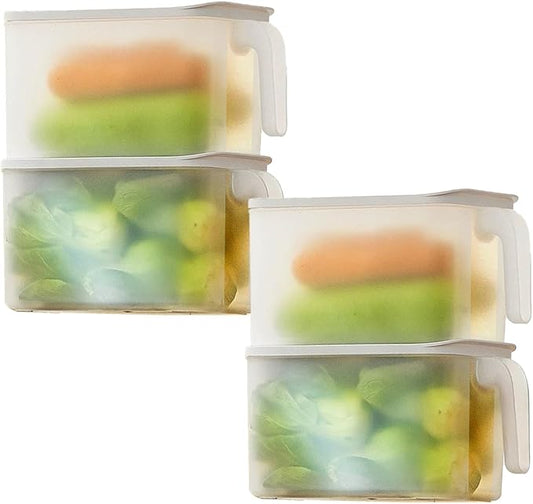 MineDecor 4 Pack Plastic Storage Containers Square Food Storage Organizer Stackable Refrigerator Organizer Handle Kitchen Containers with Lids for Fruits Vegetables Meat Egg