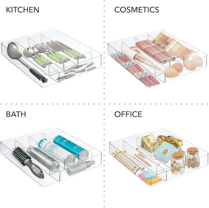 mDesign Plastic Kitchen Cabinet Drawer Storage Organizer Tray - for Storing Organizing Cutlery, Spoons, Cooking Utensils, Gadgets - 5 Divided Compartments - Clear